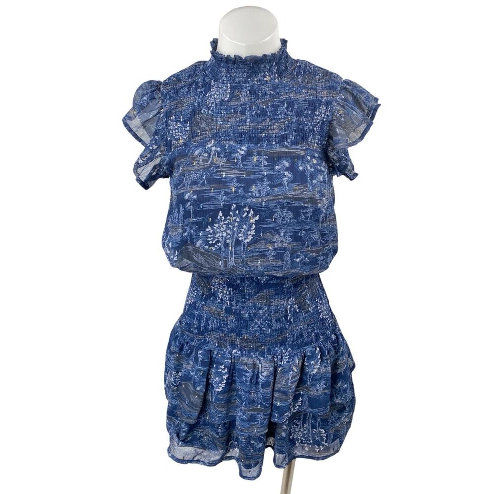 Aqua Blue Floral Smocked Mock Neck Short Flutter Sleeve Mini Blouson Dress Sz XS